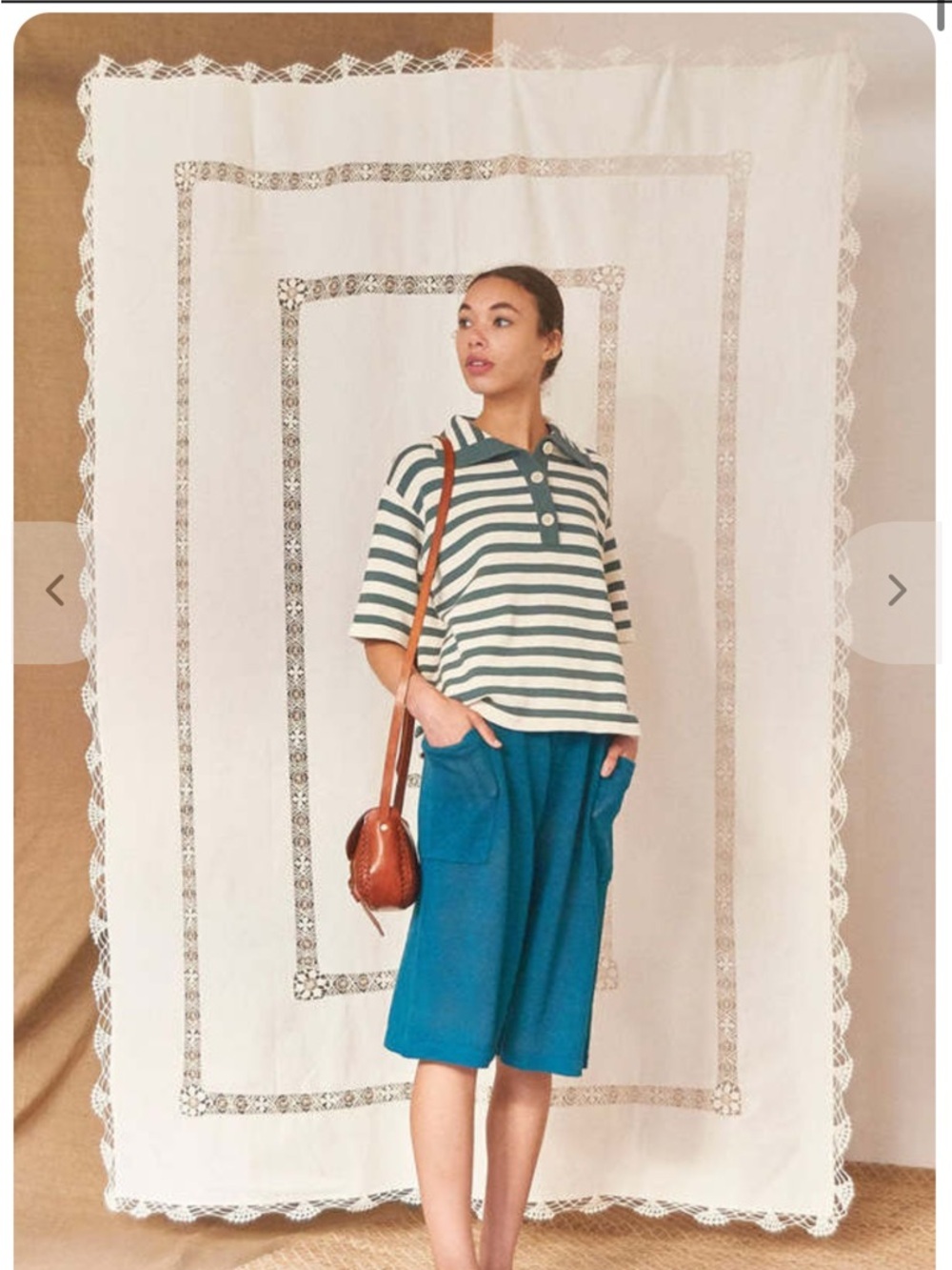 Demylee Hedy Stripe Polo Top M Green White 100% Cotton Knit Short Sleeve